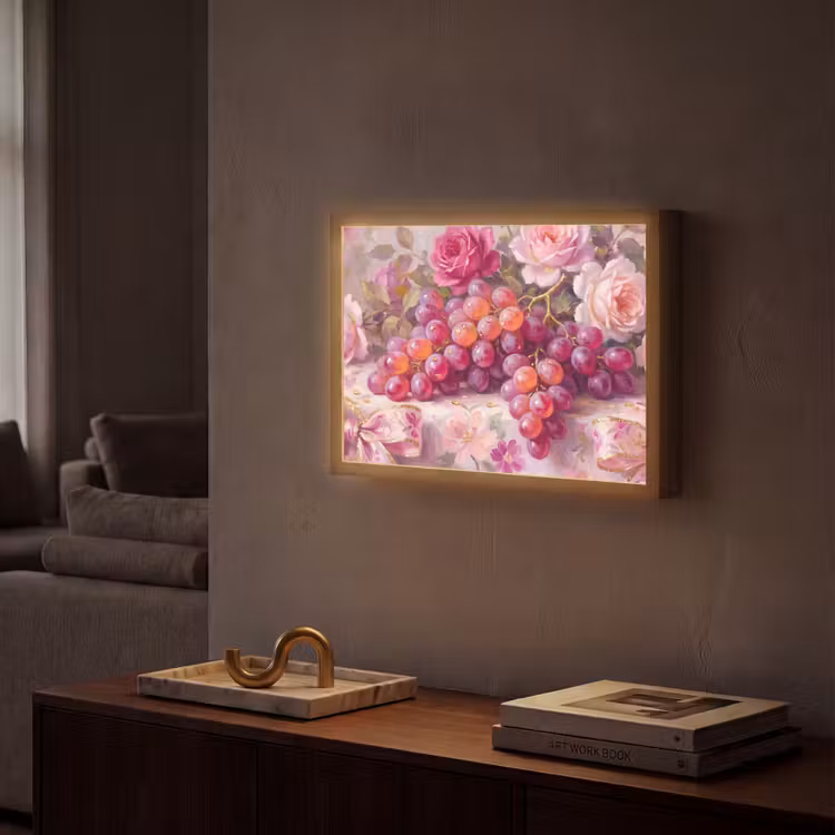 Eten - Bloemen - Stilleven - Roze - Goud Light Box met batterij (Wandlamp) middel -sfeer1