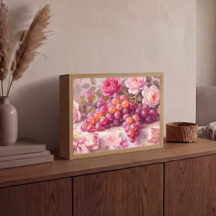 Eten - Bloemen - Stilleven - Roze - Goud Light Box met batterij (Wandlamp) middel -sfeer2