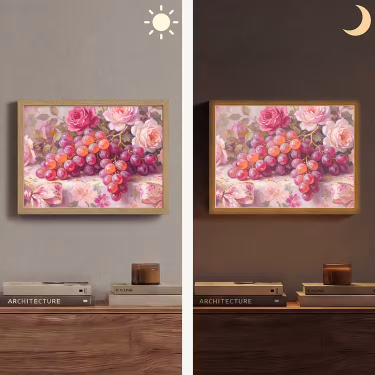 Eten - Bloemen - Stilleven - Roze - Goud Light Box met batterij (Wandlamp) middel -sfeer3