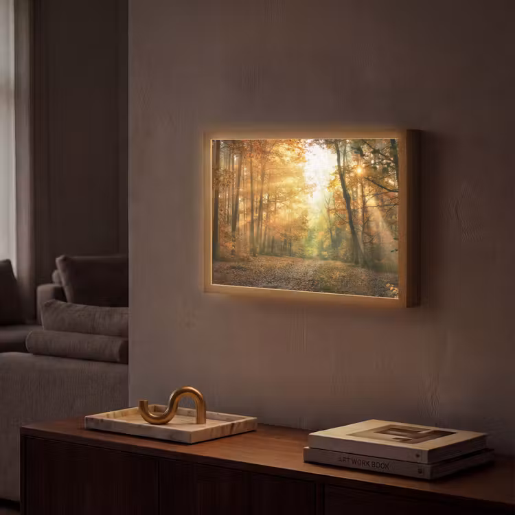 Bos - Herfst - Zon - Landschap - Natuur - Bomen - Bladeren Light Box met batterij (Wandlamp) middel -sfeer1