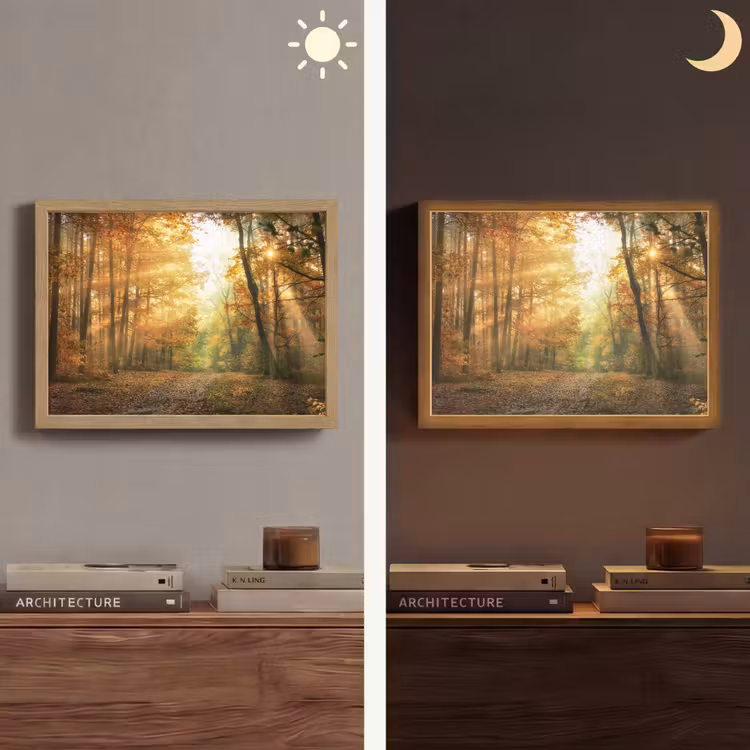 Bos - Herfst - Zon - Landschap - Natuur - Bomen - Bladeren Light Box met batterij (Wandlamp) middel -sfeer3