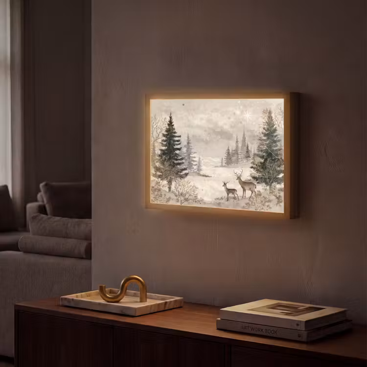 Bos - Herten - Winter - Sneeuw Light Box met batterij (Wandlamp) middel -sfeer1