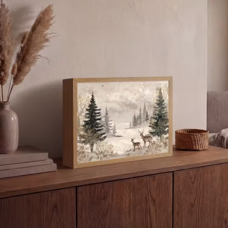 Bos - Herten - Winter - Sneeuw Light Box met batterij (Wandlamp) middel -sfeer2