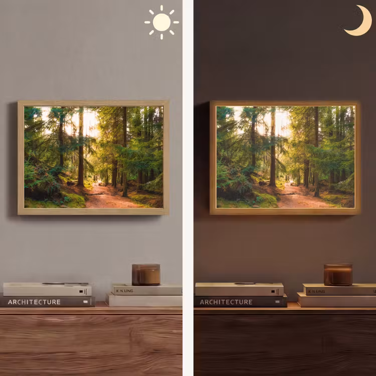 Bos - Pad - Bomen - Groen - Zon - Natuur Light Box met batterij (Wandlamp) middel -sfeer3