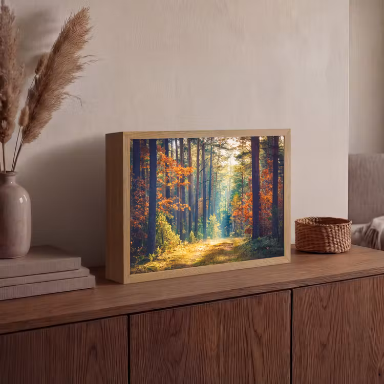 Bos - Zon - Natuur - Herfst Light Box met batterij (Wandlamp) middel -sfeer2