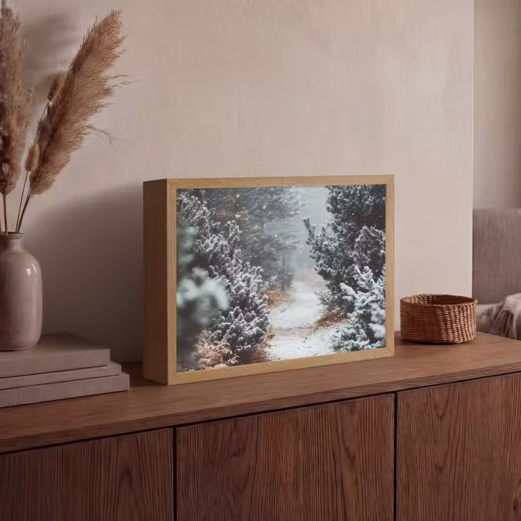 Bos - Winter - Bomen - Natuur - Pad - Sneeuw Light Box met batterij (Wandlamp) middel -sfeer2