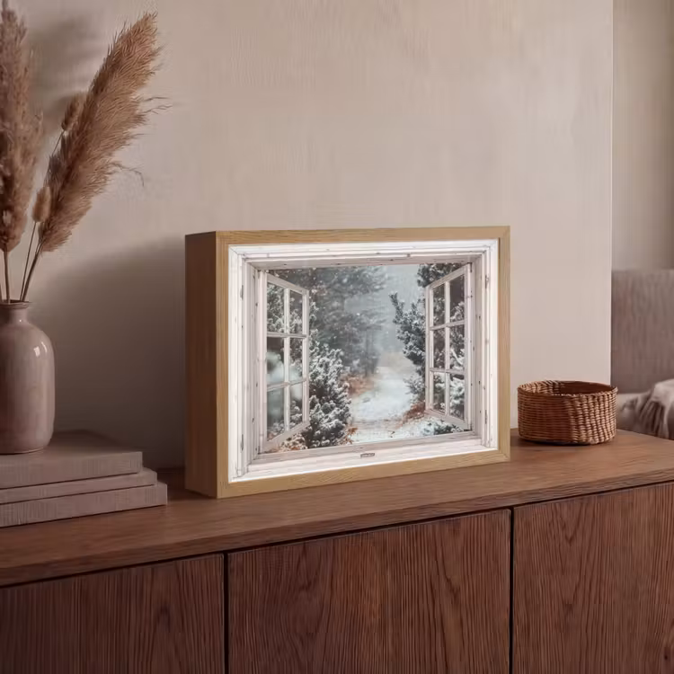 Bos - Winter - Bomen - Natuur - Pad - Doorkijk - Wit Light Box met batterij (Wandlamp) middel -sfeer2
