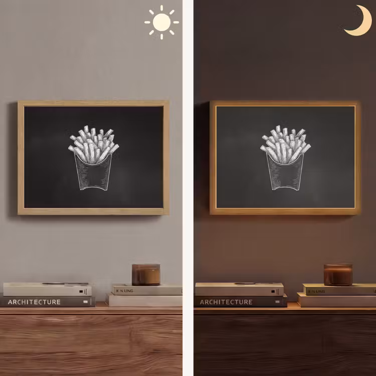 Friet - Witte krijttekening - Zwart Light Box met batterij (Wandlamp) middel -sfeer3