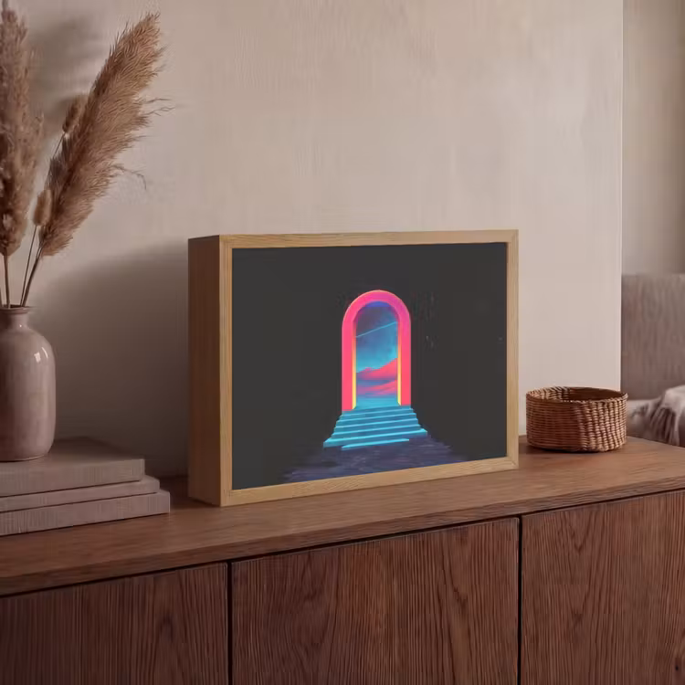 Poortje - Landschap - Sterrenhemel - Roze Light Box met batterij (Wandlamp) middel -sfeer2