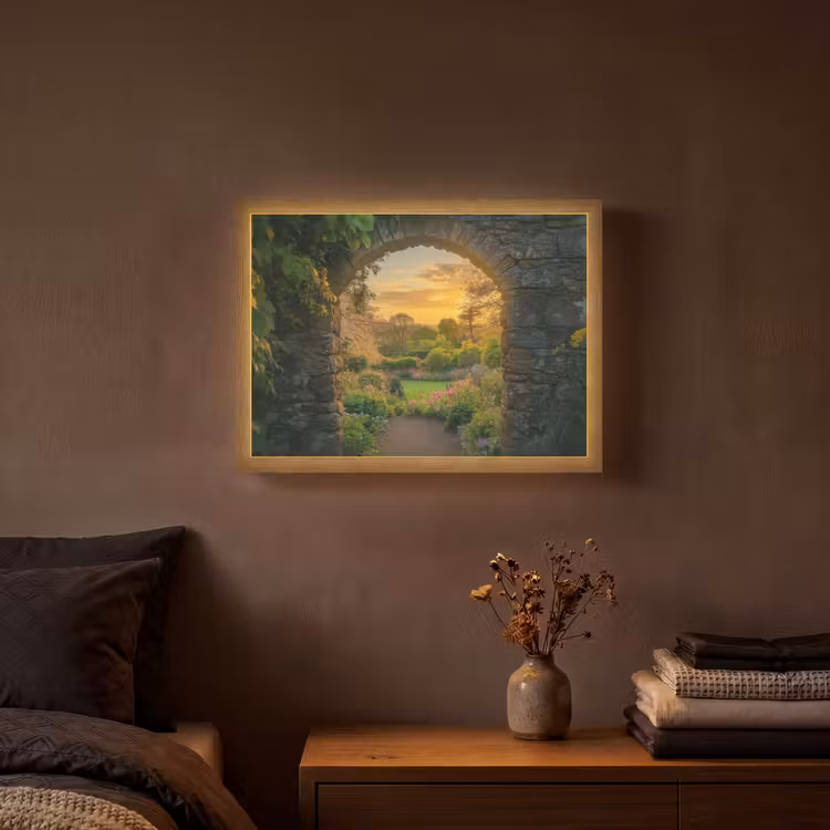 Poort - Planten - Zonsondergang Light Box met batterij (Wandlamp) middel -sfeer4