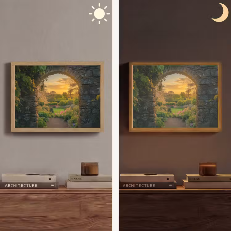 Poort - Planten - Zonsondergang Light Box met batterij (Wandlamp) middel -sfeer3