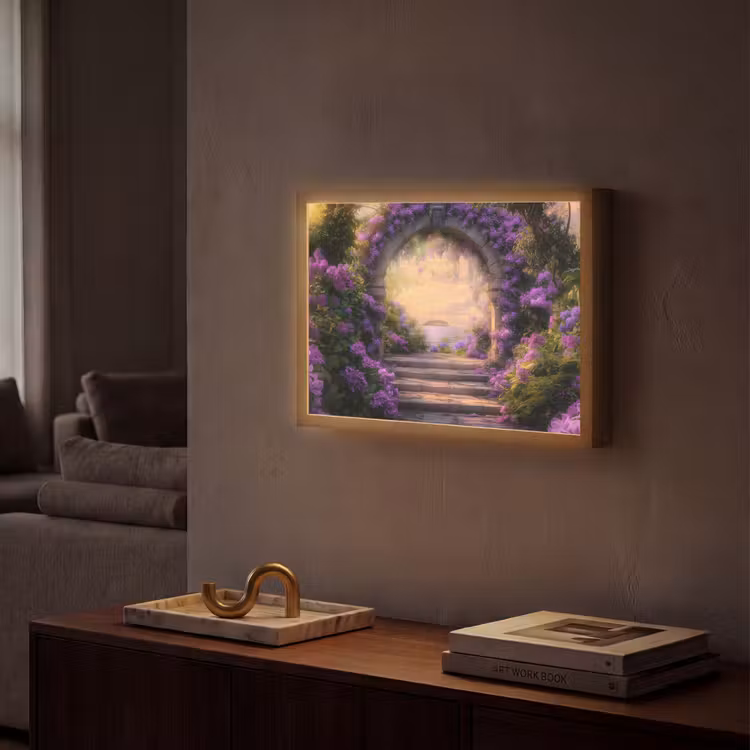 Poort - Paars - Bloemen Light Box met batterij (Wandlamp) middel -sfeer1