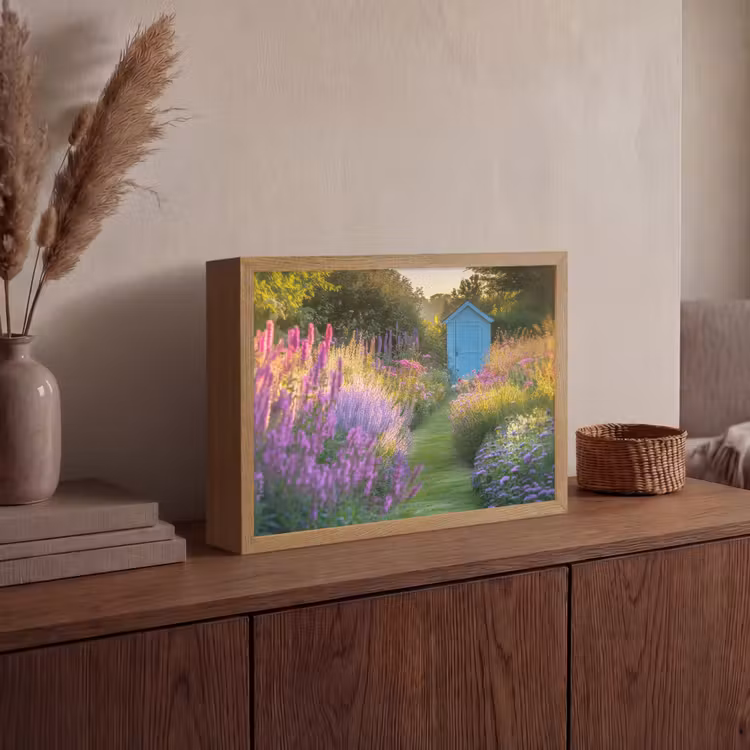 Tuinhuisje - Blauw - Bloemen Light Box met batterij (Wandlamp) middel -sfeer2