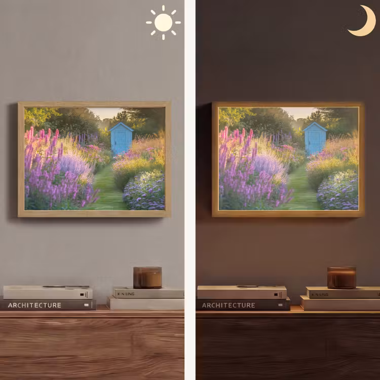 Tuinhuisje - Blauw - Bloemen Light Box met batterij (Wandlamp) middel -sfeer3