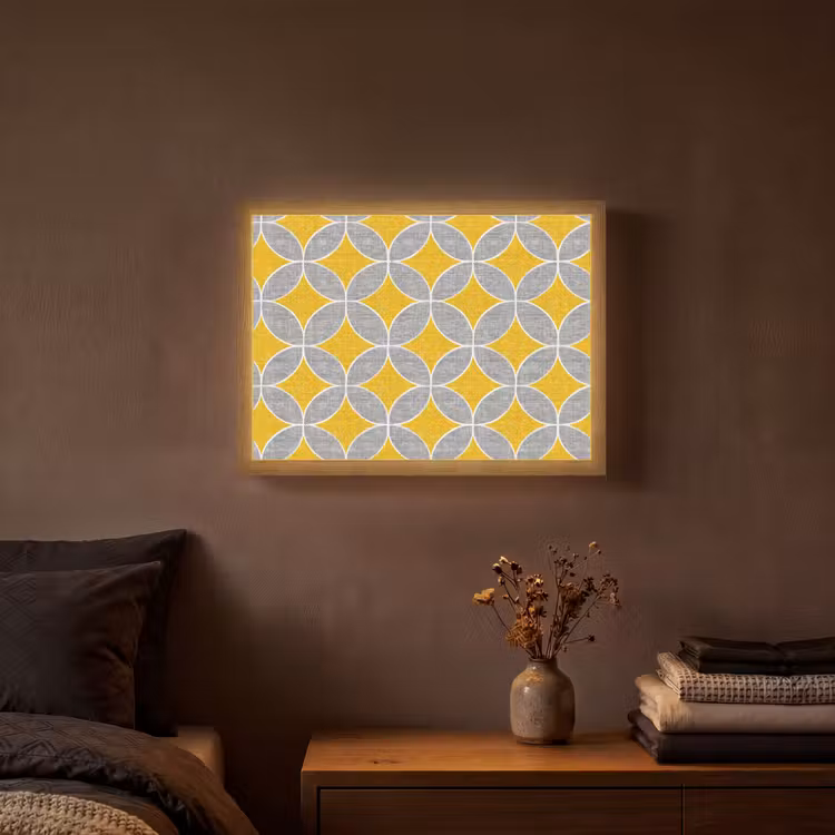 Geometrisch - Cirkels - Textuur - Grijs - Geel Light Box met batterij (Wandlamp) middel 907 -sfeer4