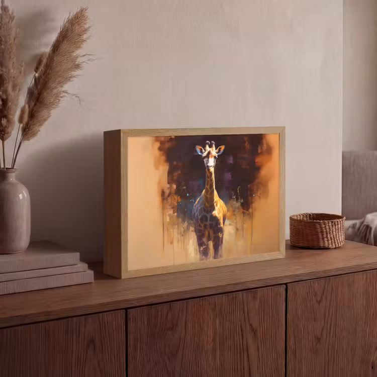Giraf - Bruin - Abstract - Geschilderd Light Box met batterij (Wandlamp) middel -sfeer2