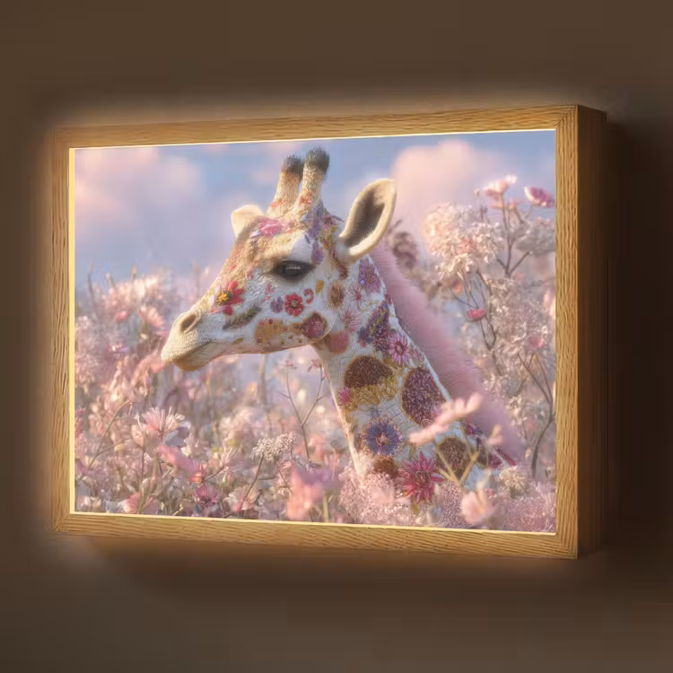 Giraffe - Bloemen - Roze Light Box met batterij (Wandlamp) middel -z3d_website