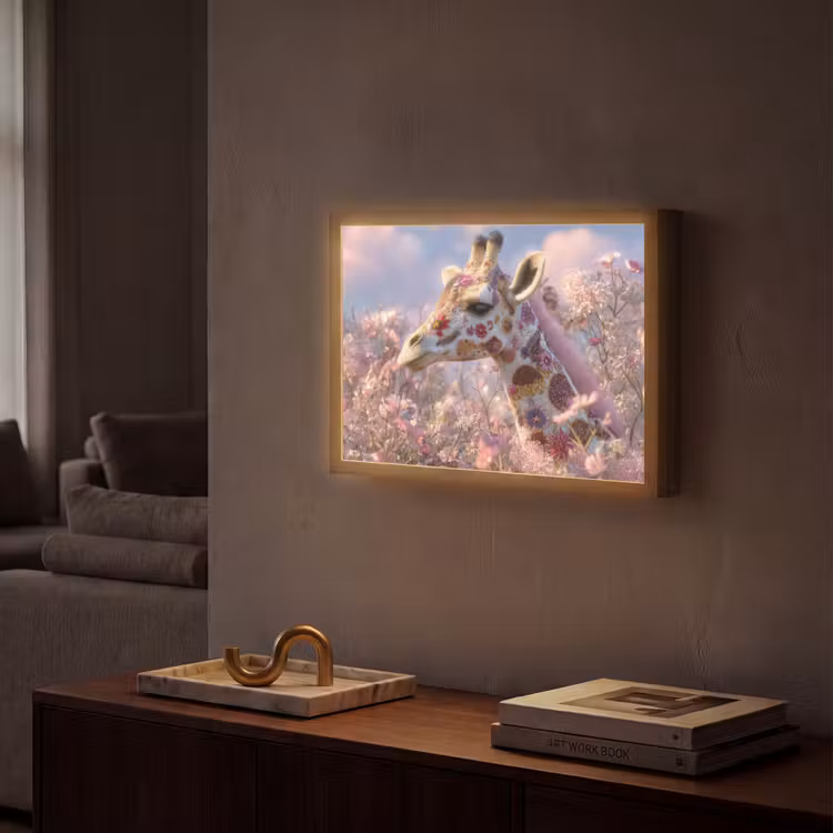 Giraffe - Bloemen - Roze Light Box met batterij (Wandlamp) middel -sfeer1