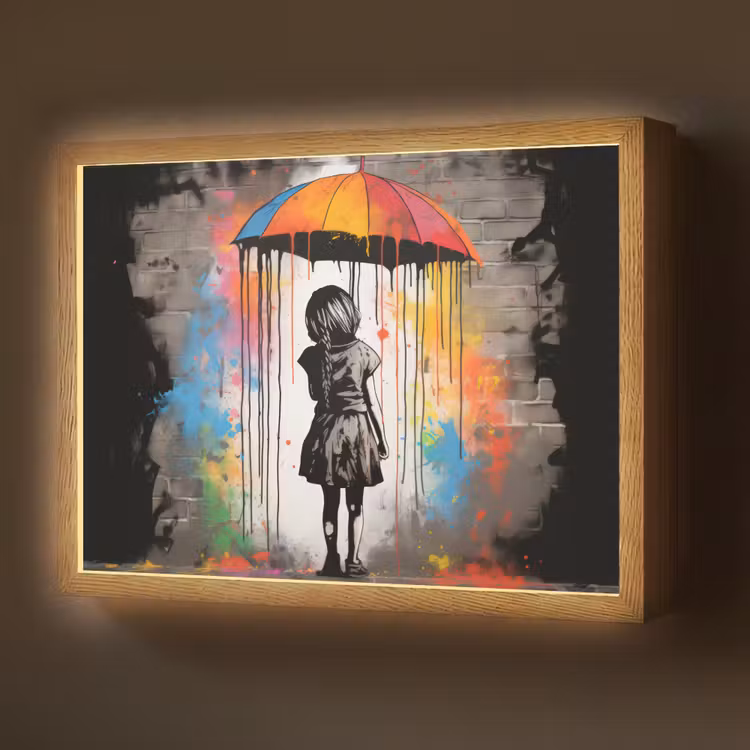 Meisje - Kunst - Paraplu - Graffiti - Kleuren - Muur Light Box met batterij (Wandlamp) middel -z3d_website