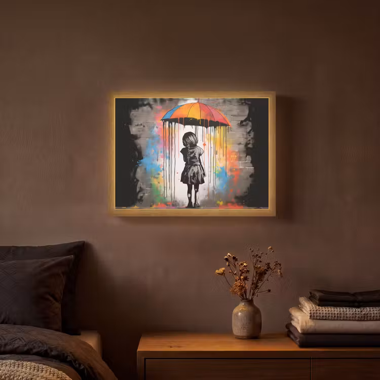 Meisje - Kunst - Paraplu - Graffiti - Kleuren - Muur Light Box met batterij (Wandlamp) middel -sfeer4