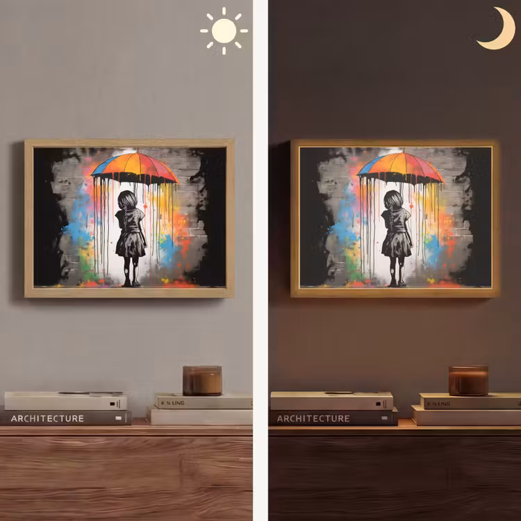Meisje - Kunst - Paraplu - Graffiti - Kleuren - Muur Light Box met batterij (Wandlamp) middel -sfeer3