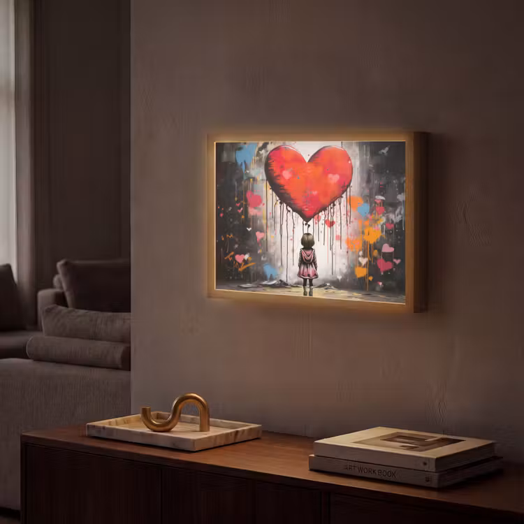 Meisje - Hart - Graffiti - Kunst - Kleuren - Rood Light Box met batterij (Wandlamp) middel -sfeer1