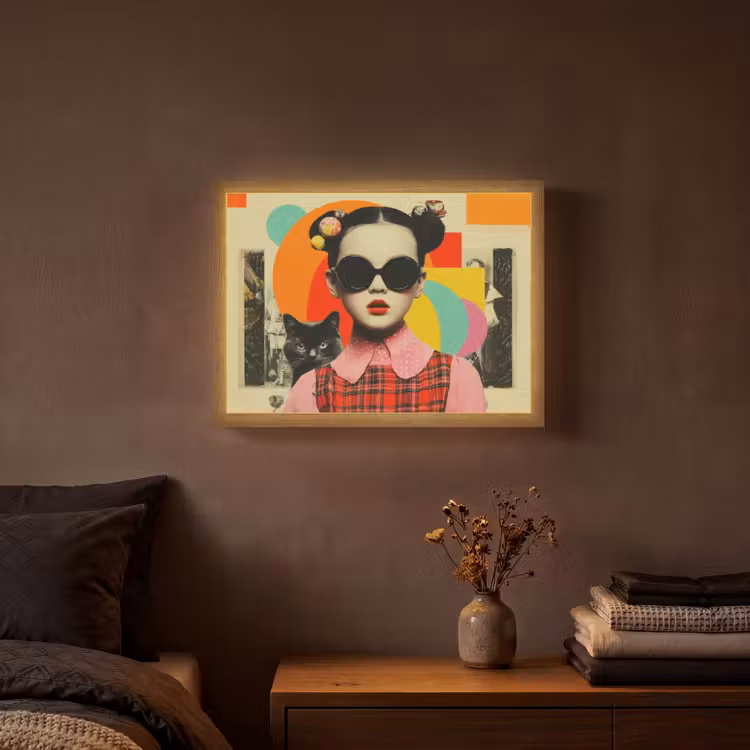 Meisje - Zonnebril - Kat - Retro Light Box met batterij (Wandlamp) middel -sfeer4
