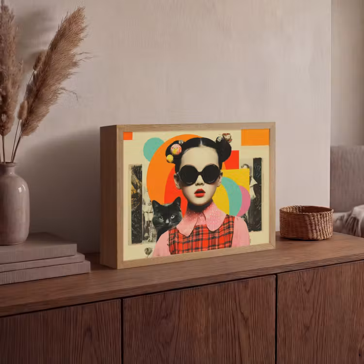 Meisje - Zonnebril - Kat - Retro Light Box met batterij (Wandlamp) middel -sfeer2