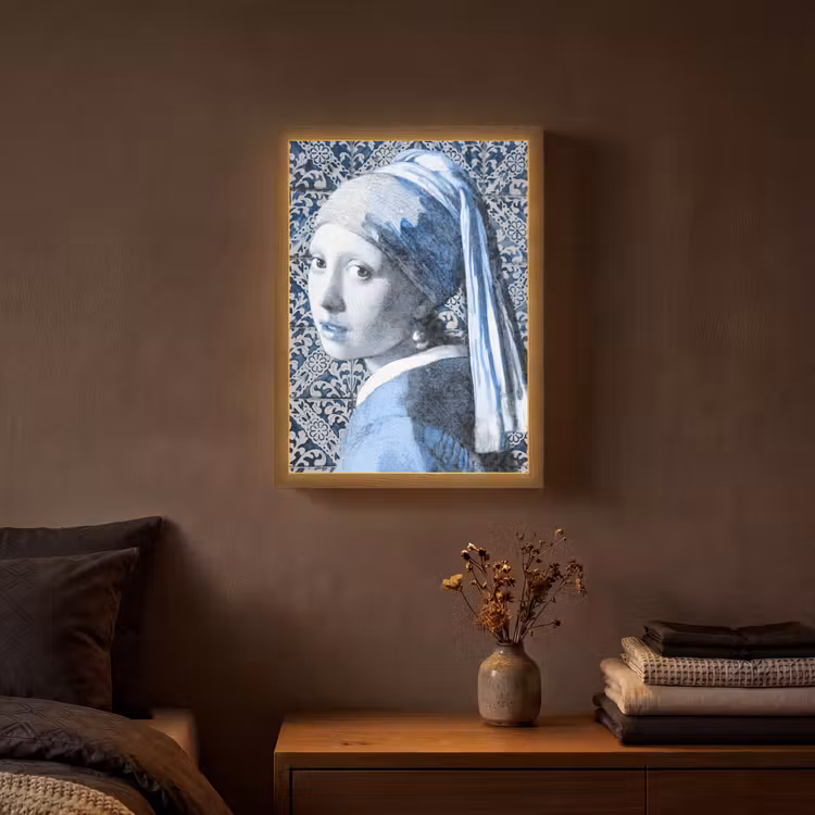 Meisje met de parel - Johannes Vermeer - Delfts blauw Light Box met batterij (Wandlamp) middel -sfeer4