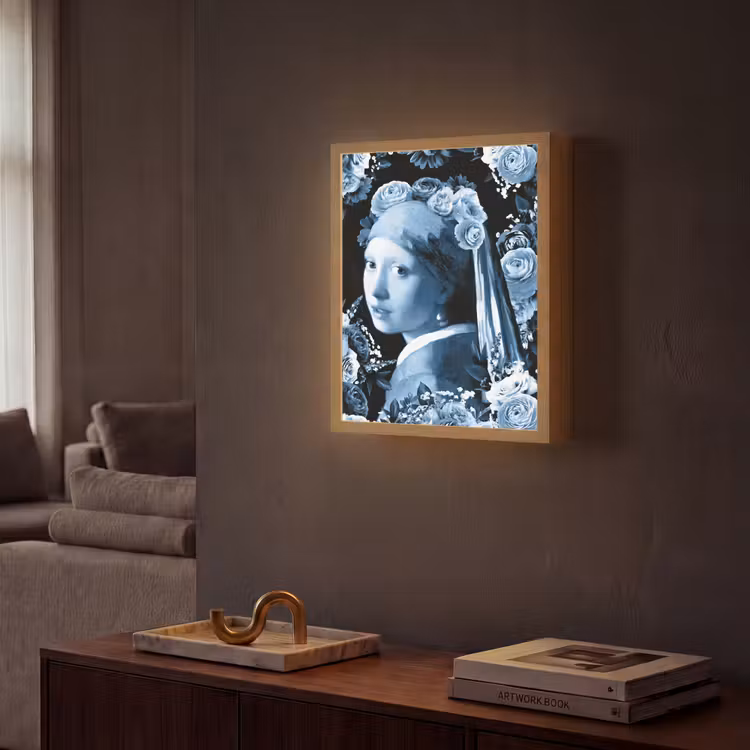 Meisje met de parel - Johannes Vermeer - Delfts blauw Light Box met batterij (Wandlamp) middel -sfeer1