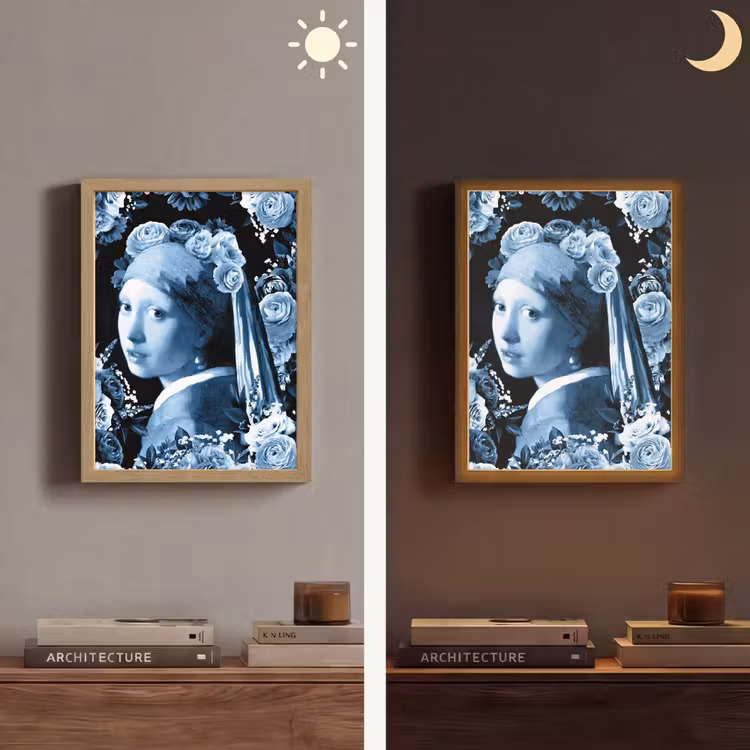 Meisje met de parel - Johannes Vermeer - Delfts blauw Light Box met batterij (Wandlamp) middel -sfeer3