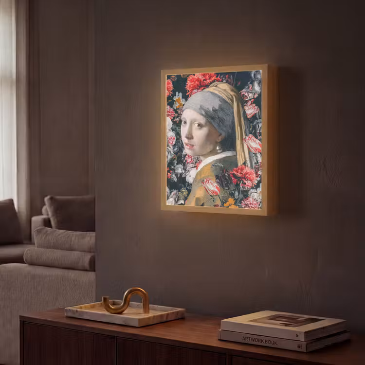 Das Mädchen mit dem Perlenohrring - Johannes Vermeer - Blumen Light Box met batterij (Wandlamp) middel -sfeer1