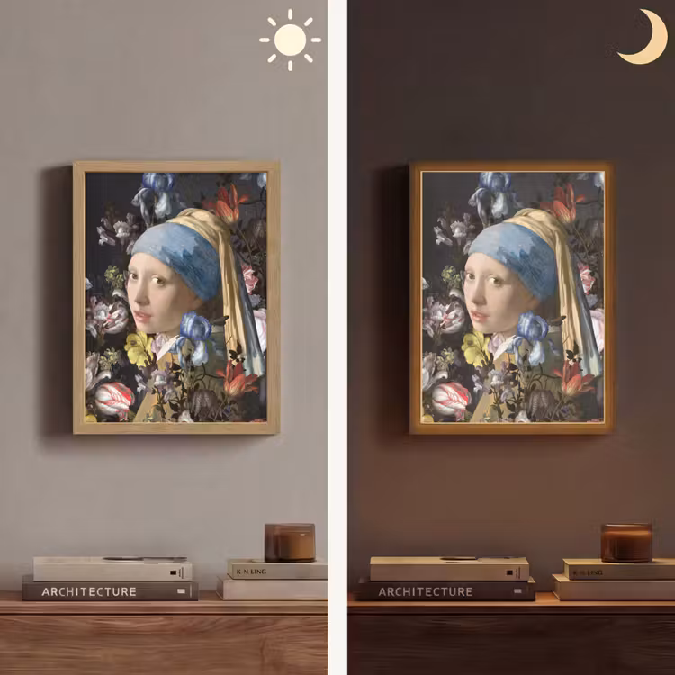 Meisje met de parel - Johannes Vermeer - Bloemen Light Box met batterij (Wandlamp) middel -sfeer3