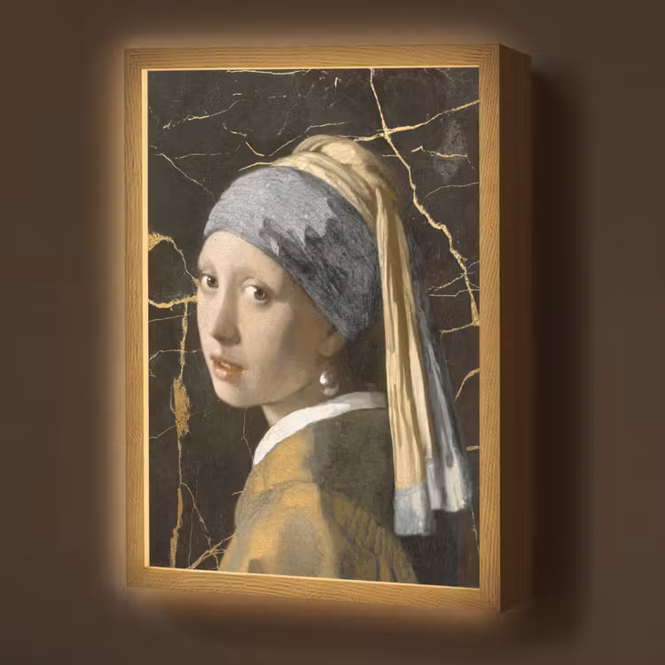Meisje met de parel - Johannes Vermeer - Goud Light Box met batterij (Wandlamp) middel -z3d_website