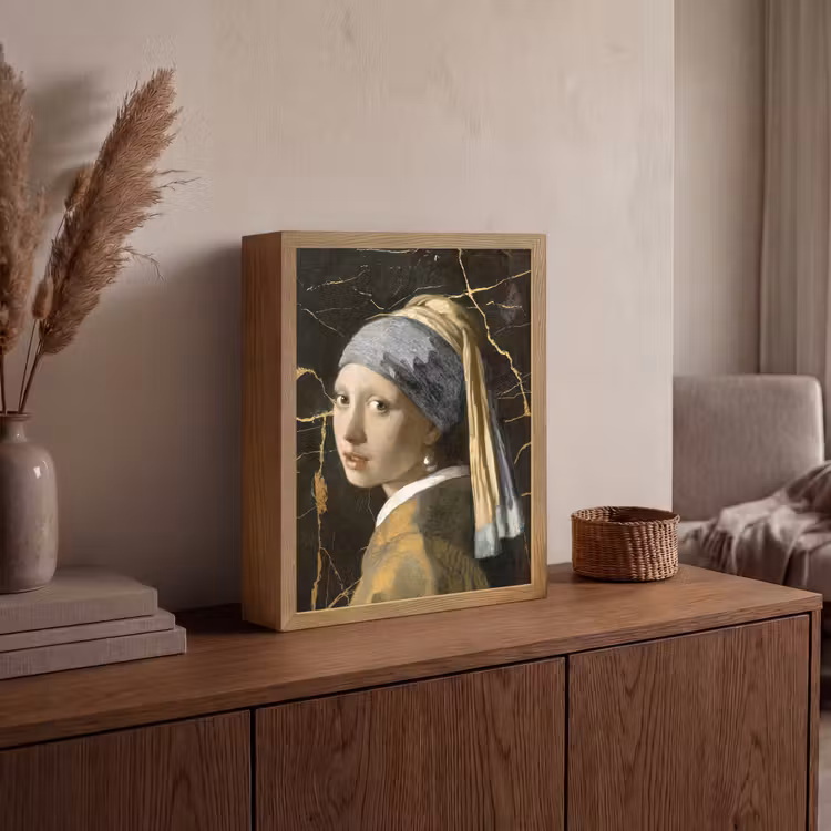 Meisje met de parel - Johannes Vermeer - Goud Light Box met batterij (Wandlamp) middel -sfeer2