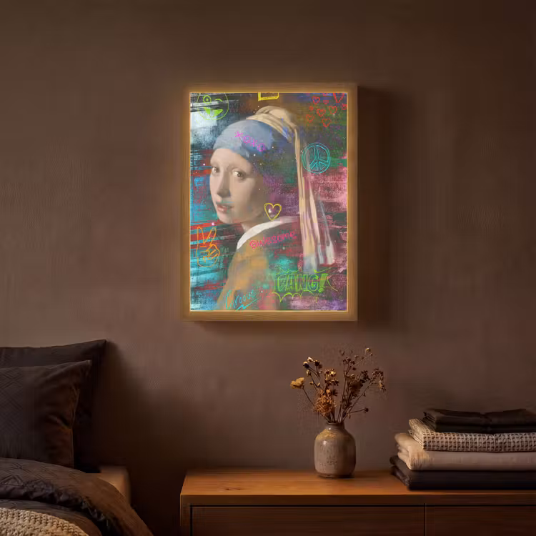 Meisje met de parel - Johannes Vermeer - Neon Light Box met batterij (Wandlamp) middel -sfeer4