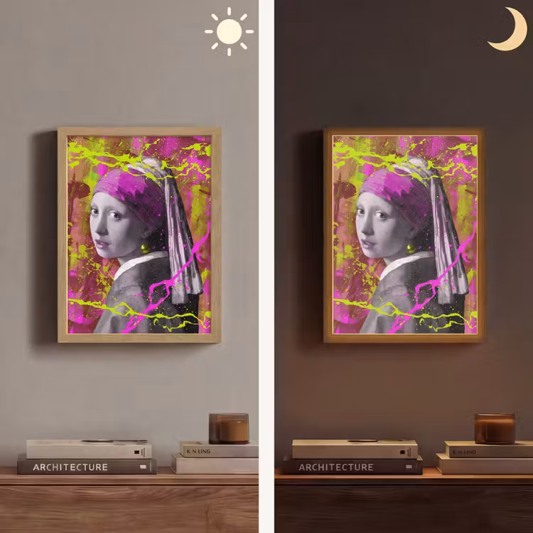 Meisje met de parel - Johannes Vermeer - Neon Light Box met batterij (Wandlamp) middel -sfeer3