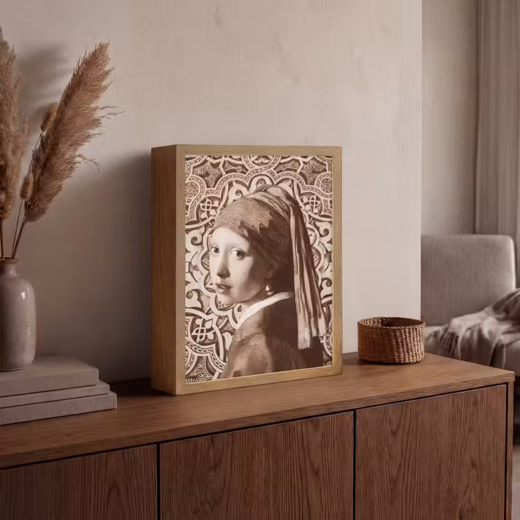 Meisje met de parel - Johannes Vermeer - Sepia Light Box met batterij (Wandlamp) middel -sfeer2