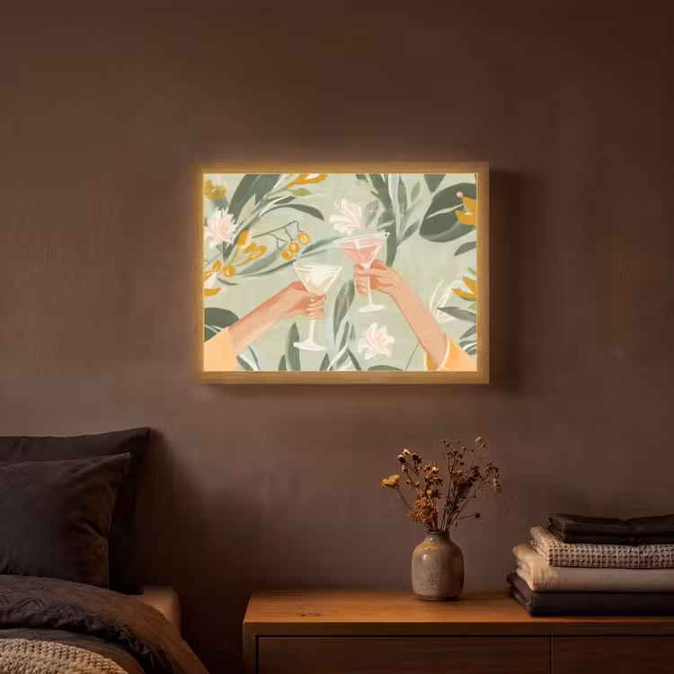 Glazen - Proosten - Bladeren - Groen Light Box met batterij (Wandlamp) middel -sfeer4