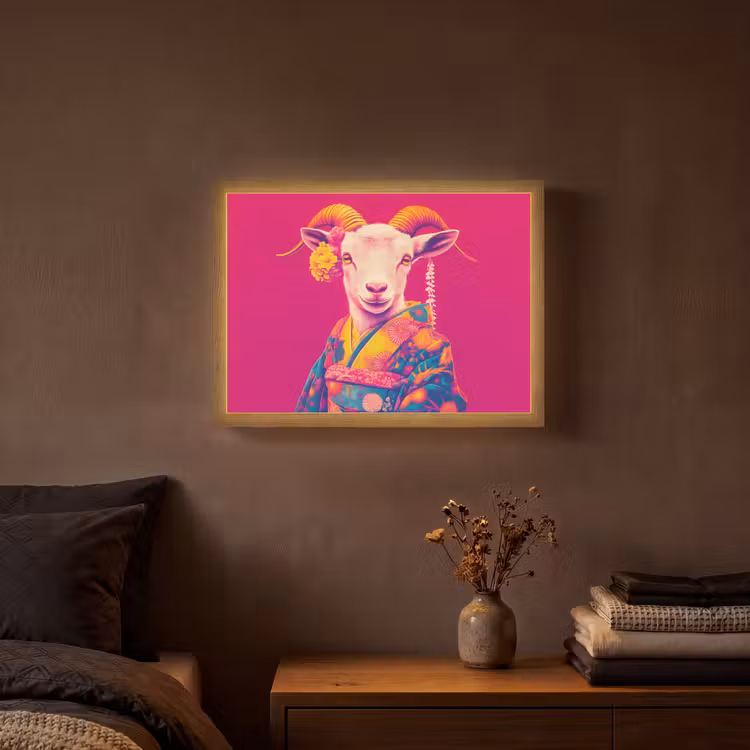 Geit - Hoorns - Kimono - Kleurrijk Light Box met batterij (Wandlamp) middel -sfeer4