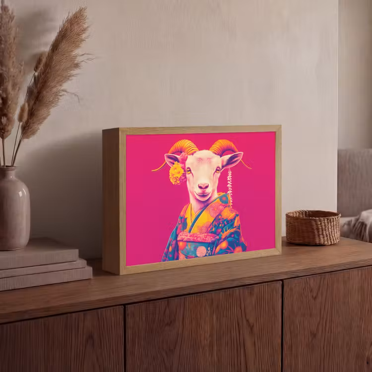 Geit - Hoorns - Kimono - Kleurrijk Light Box met batterij (Wandlamp) middel -sfeer2