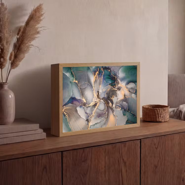 Goud - Blauw - Marmer Light Box met batterij (Wandlamp) middel -sfeer2