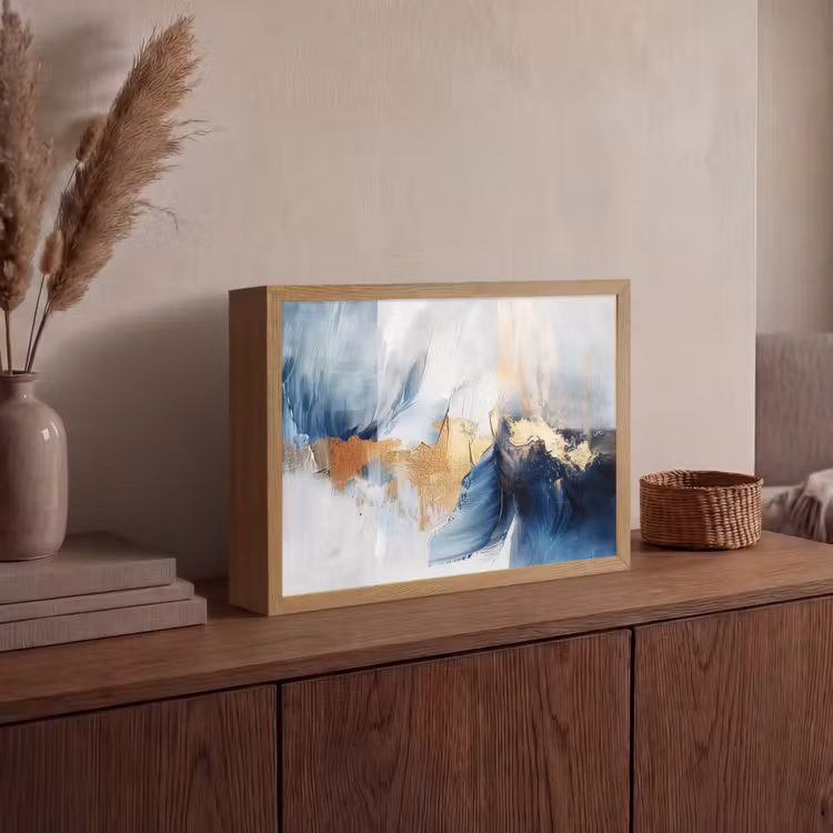 Goud - Blauw - Verf - Kunst - Modern Light Box met batterij (Wandlamp) middel -sfeer2