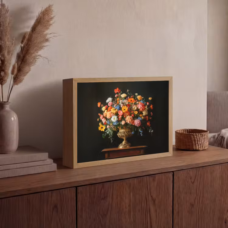 Goud - Bloemen - Kleuren - Vaas Light Box met batterij (Wandlamp) middel -sfeer2