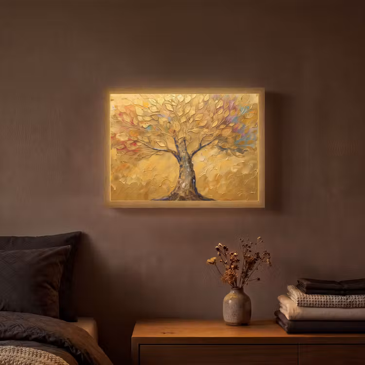 Goud - Boom - Abstract - Modern Light Box met batterij (Wandlamp) middel -sfeer4
