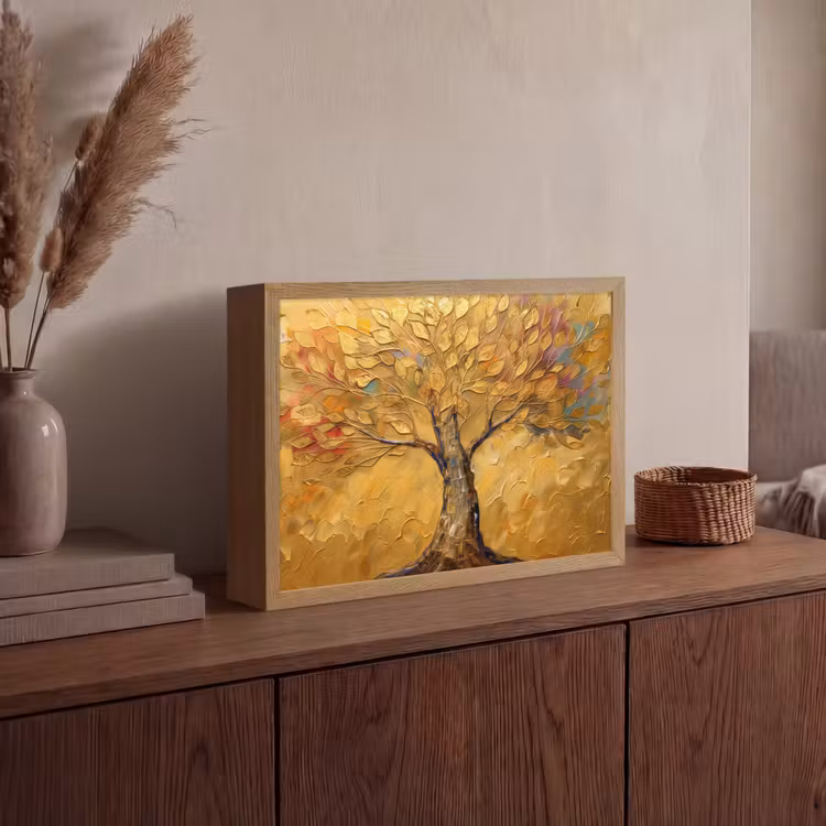 Goud - Boom - Abstract - Modern Light Box met batterij (Wandlamp) middel -sfeer2