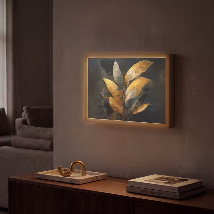 Gouden Bladcompositie – Botanische Luxe Light Box met batterij (Wandlamp) middel -sfeer1