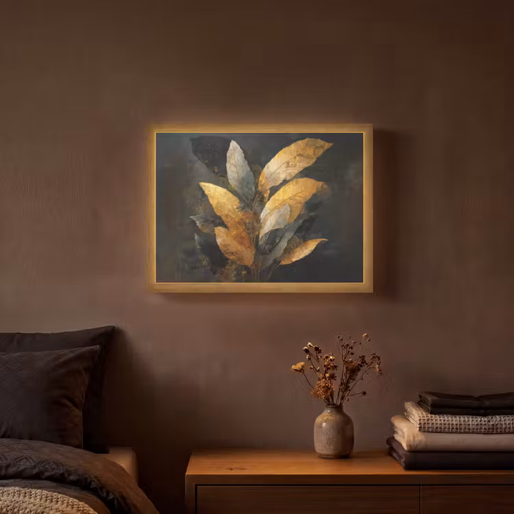 Gouden Bladcompositie – Botanische Luxe Light Box met batterij (Wandlamp) middel -sfeer4