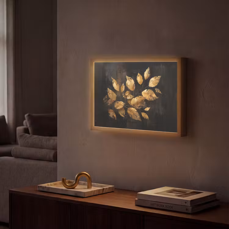 Gouden Bladeren op Donkere Achtergrond Light Box met batterij (Wandlamp) middel -sfeer1