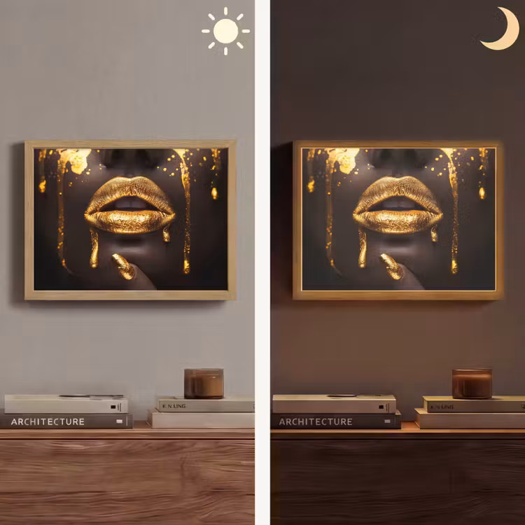Gouden lippen - Gezicht - Vrouw - Modern Light Box met batterij (Wandlamp) middel -sfeer3